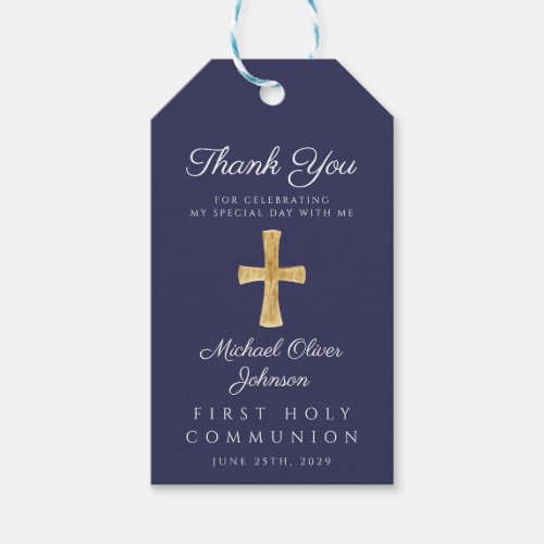 Navy Blue Religious Cross Boy First Communion  Gift Tags