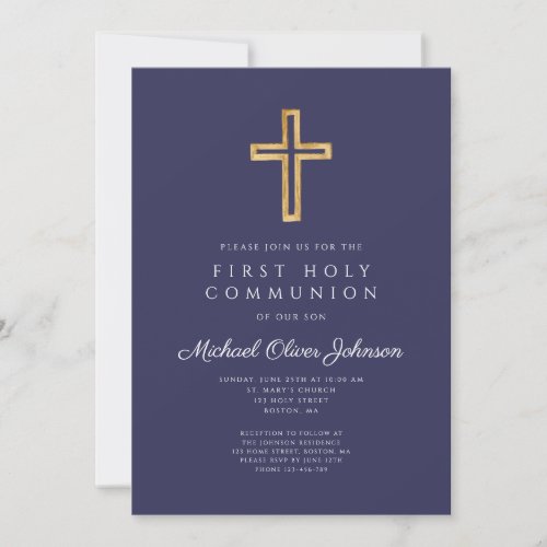 Navy Blue Religious Cross Boy First Communion Invitation