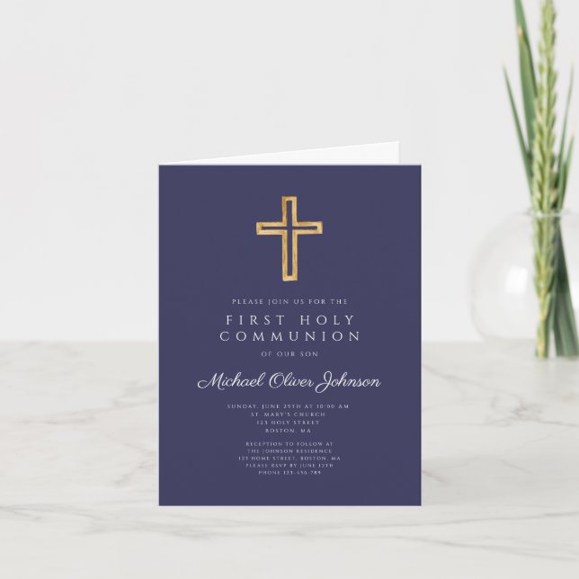 Navy Blue Religious Cross Boy First Communion Invitation (Front)