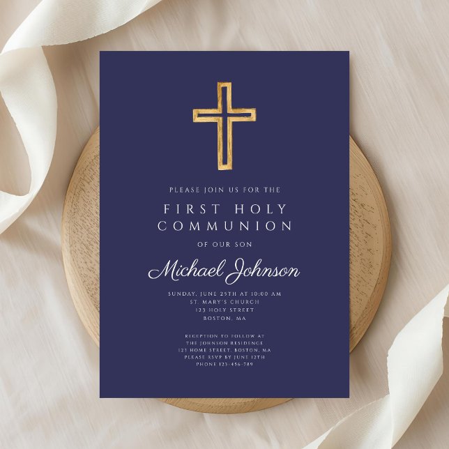 Navy Blue Religious Cross Boy First Communion Invitation (Navy Blue Religious Cross Boy First Communion Invitation)