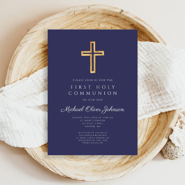 Navy Blue Religious Cross Boy First Communion Invitation (Navy Blue Religious Cross Boy First Communion Invitation)