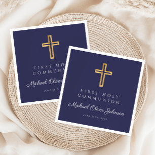 Navy Blue Religious Cross Boy First Communion Napkins