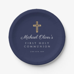 Navy Blue Religious Cross Boy First Communion Paper Plates
