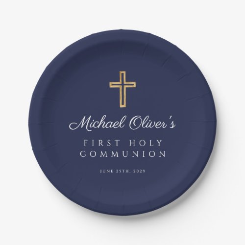 Navy Blue Religious Cross Boy First Communion Paper Plates
