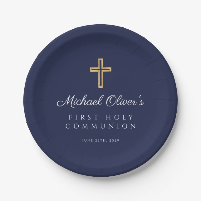 Navy Blue Religious Cross Boy First Communion Paper Plates (Front)