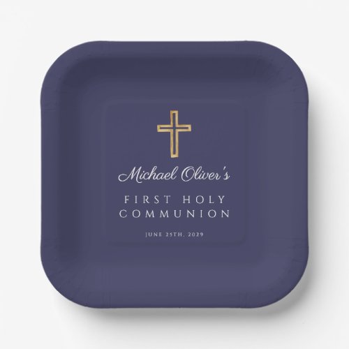 Navy Blue Religious Cross Boy First Communion Paper Plates