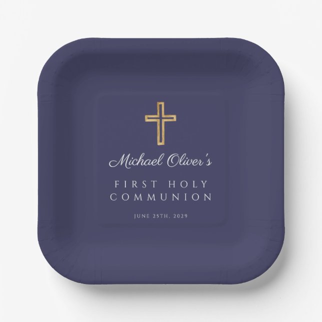Navy Blue Religious Cross Boy First Communion Paper Plates (Front)