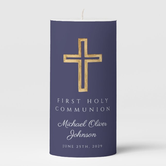 Navy Blue Religious Cross Boy First Communion Pillar Candle (Front)