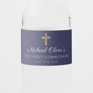 Navy Blue Religious Cross Boy First Communion Wat Water Bottle Label