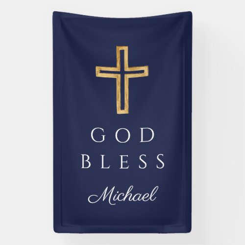 Navy Blue Religious Cross Boy God Bless Banner