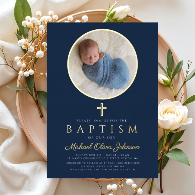 Navy Blue Religious Cross Boy Photo Baptism Gold Foil Invitation (Navy Blue Religious Cross Boy Photo Baptism Gold Foil Invitation)