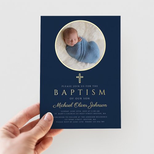 Navy Blue Religious Cross Boy Photo Baptism Gold Foil Invitation