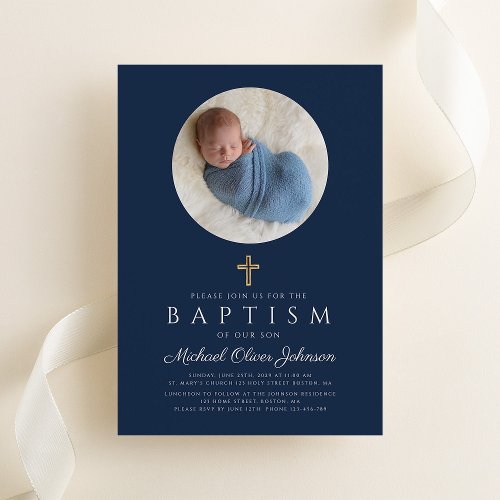 Navy Blue Religious Cross Boy Photo Baptism Invitation