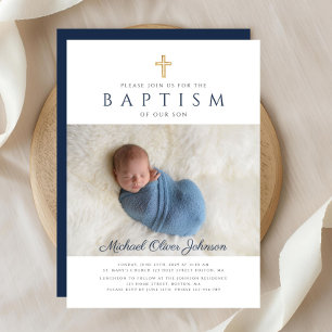 Navy Blue Religious Cross Photo Boy Baptism Invitation