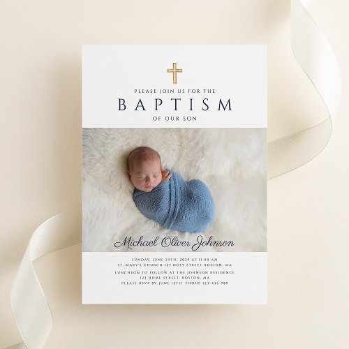 Navy Blue Religious Cross Photo Boy Baptism Invitation