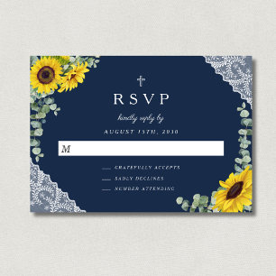 Navy Blue Religious Cross Sunflower Wedding  RSVP Card