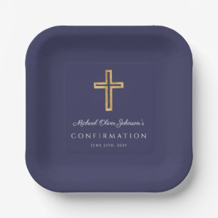 Navy Blue Religious Wood Cross Boy Confirmation Paper Plates