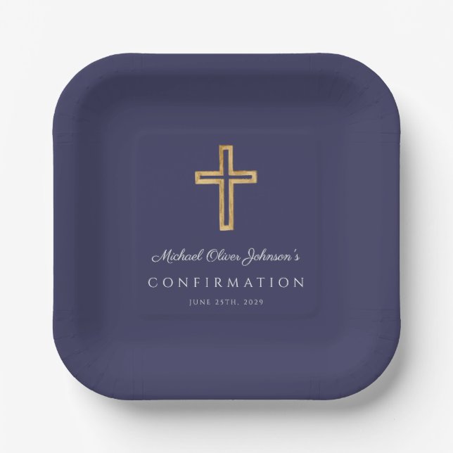 Navy Blue Religious Wood Cross Boy Confirmation Paper Plates (Front)