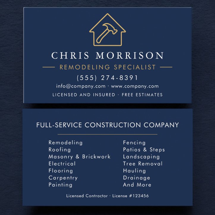 Navy Blue Remodeling Specialist Construction Business Card