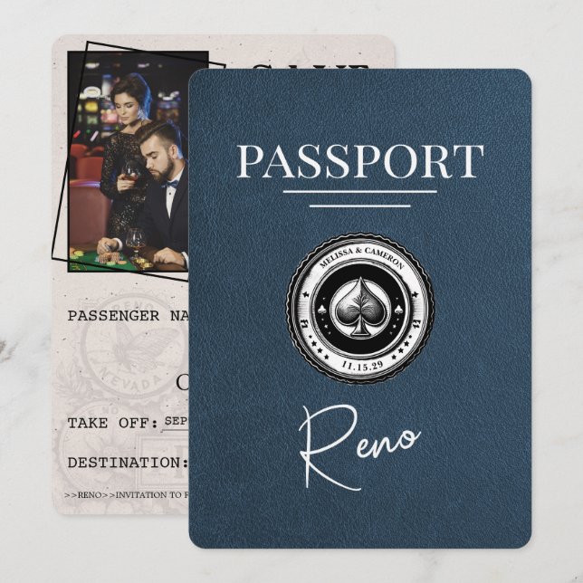 Navy Blue Reno Passport Save The Date (Front/Back)