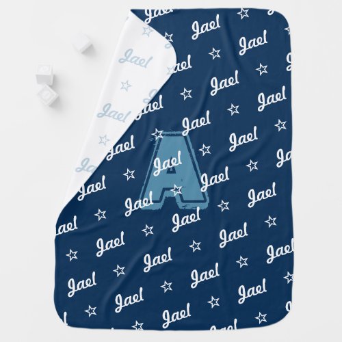 Navy blue repeat personalized name with monogram baby blanket