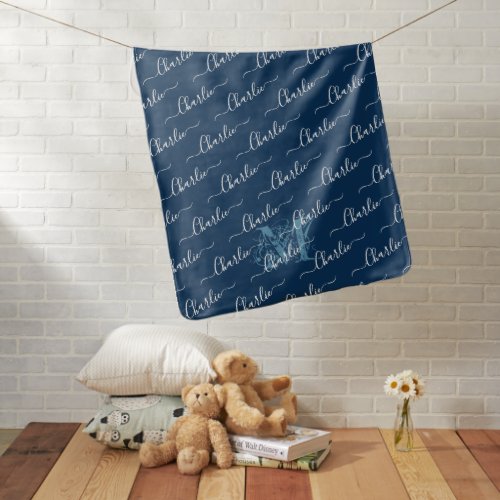 Navy blue repeat personalized name with monogram baby blanket