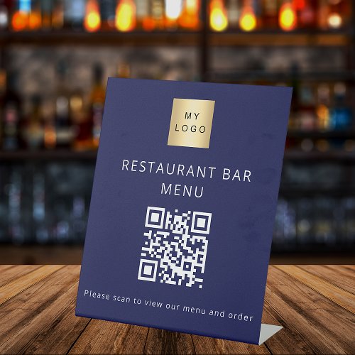 Navy blue restaurant cafe bar scan menu QR code Pedestal Sign