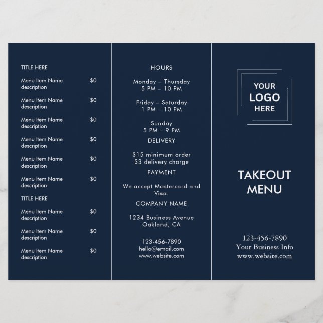 Navy Blue Restaurant Logo Takeout Menu Design (Front)