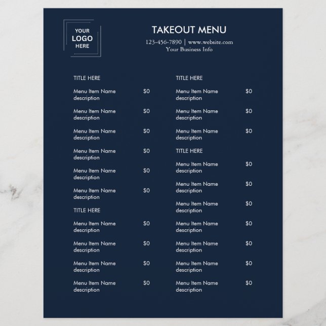 Navy Blue Restaurant Logo Takeout Menu Flyer  (Front)