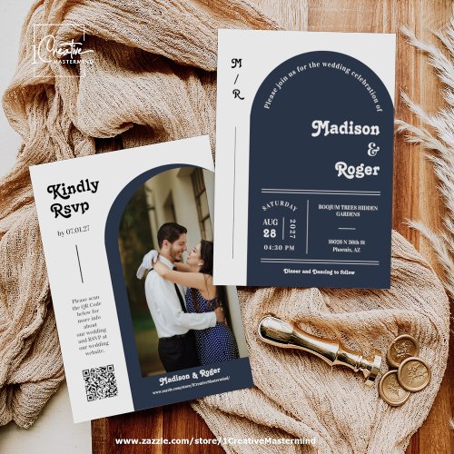 Navy Blue Retro Arch Photo QR Code RSVP Groovy Invitation