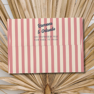 Navy Blue Retro Blush Pink Stripes Wedding Envelope