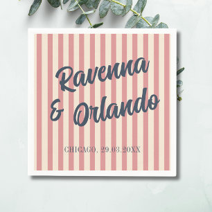 Navy Blue Retro Blush Pink Stripes Wedding Napkins