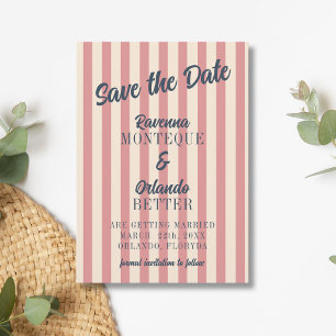 Navy Blue Retro Blush Pink Stripes Wedding Save The Date