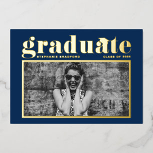 Navy Blue Retro Bold Typography Photo Graduation Foil Invitation