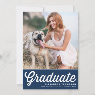 Navy Blue Retro Bold Typography Photo Graduation Invitation