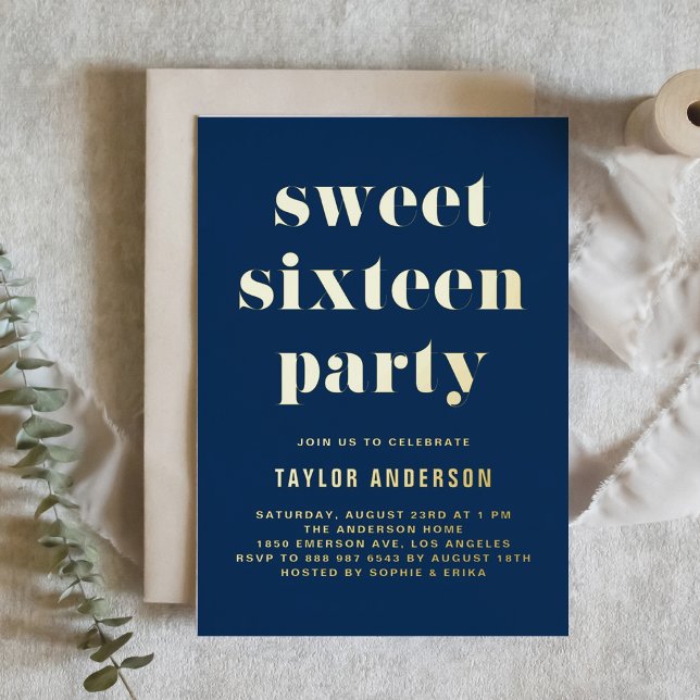 Navy Blue Retro Bold Typography Sweet 16 Birthday Foil Invitation (Creator Uploaded)
