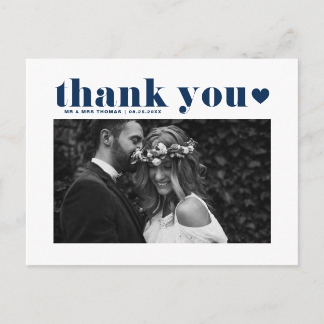 Navy Blue Retro Bold Typography Wedding Thank You Postcard (Front)