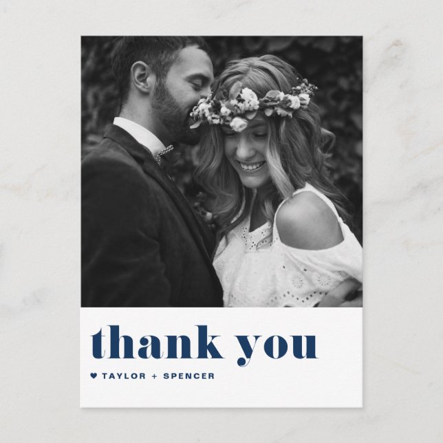 Navy Blue Retro Bold Typography Wedding Thank You Postcard (Front)