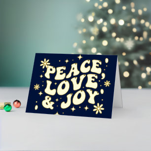 Navy Blue Retro Groovy Peace Love Joy Christmas Foil Holiday Card