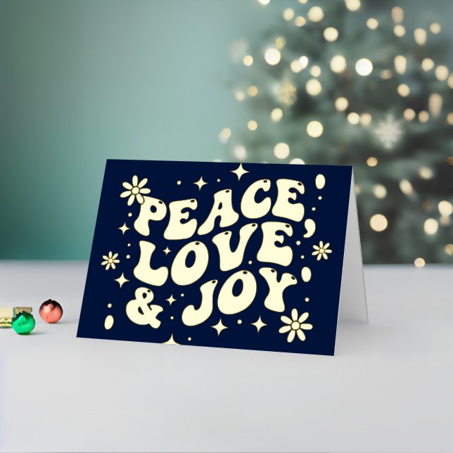 Navy Blue Retro Groovy Peace Love Joy Christmas Foil Holiday Card (Holiday In Situ 2)