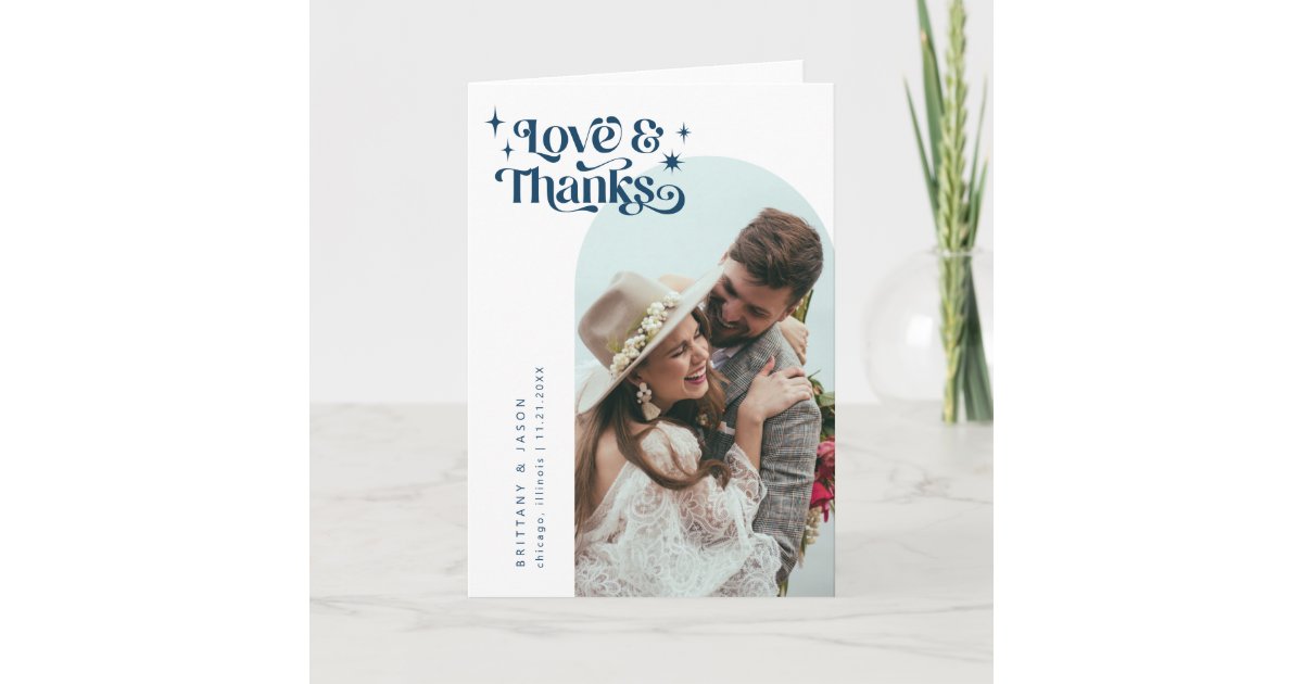 Navy Blue Retro Love & Thanks White Arch Wedding Thank You Card | Zazzle