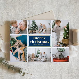 Navy Blue Retro Merry Christmas Photo Collage Foil Holiday Card
