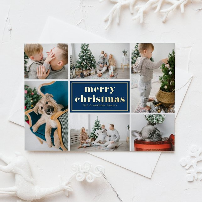 Navy Blue Retro Merry Christmas Photo Collage  Foil Holiday Postcard (Creator Uploaded)
