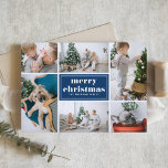 Navy Blue Retro Merry Christmas Photo Collage  Holiday Card<br><div class="desc">Merry Christmas! Send your holiday greetings to family and friends with this customizable Christmas card. It features retro typography and a photo collage template. Personalize this photo collage Christmas card by adding your details. This navy blue Christmas card is available in other colors and cardstock. Matching items are available.</div>