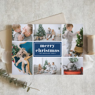 Navy Blue Retro Merry Christmas Photo Collage Holiday Card