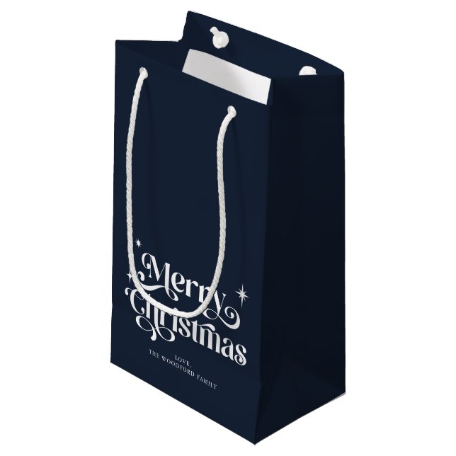 Navy Blue Retro Merry Christmas Small Gift Bag (Front Angled)