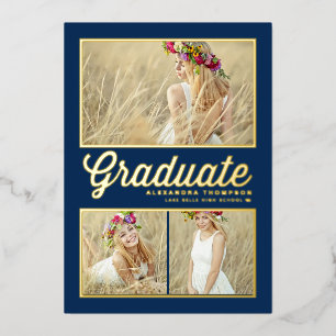 Navy Blue Retro Script Photo Collage Graduation Foil Invitation