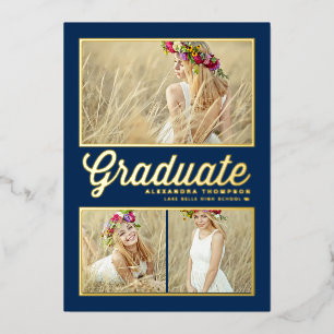 Navy Blue Retro Script Photo Collage Graduation Foil Invitation