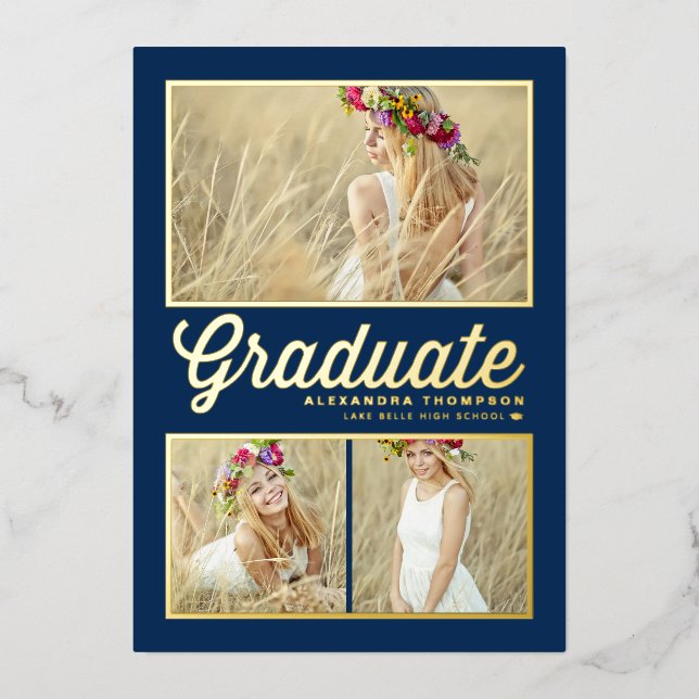 Navy Blue Retro Script Photo Collage Graduation Foil Invitation (Front)