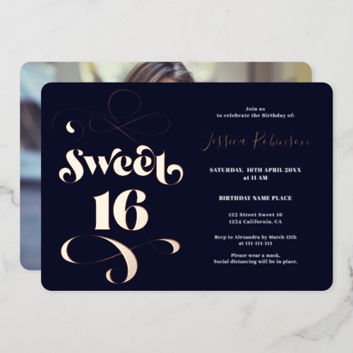 Navy blue retro script photo Sweet 16 rose gold Foil Invitation